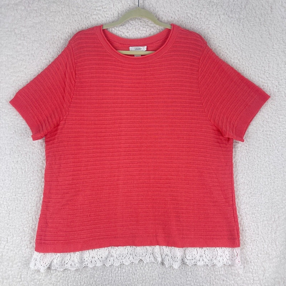 CJ Banks Pink Ribbed Knit Lace Trim Shirt Womens Pullover Short Sleeve Size 2X‎